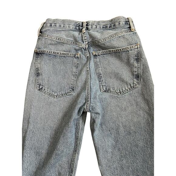 Agolde 90s High Rise Straight Jean Medium Indigo Knee Destruction Size 25 - Picture 6 of 13